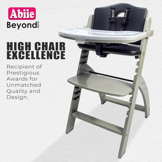Abiie Beyond Junior Convertible Wooden High Chairs for Babies & Toddlers. 3-in-1 Adjustable High Chair with Removable Tray, Easy to Clean, Portable. 6 Mos.-250 Lb. Misty Grey Wood/Black Pearl Cushion
