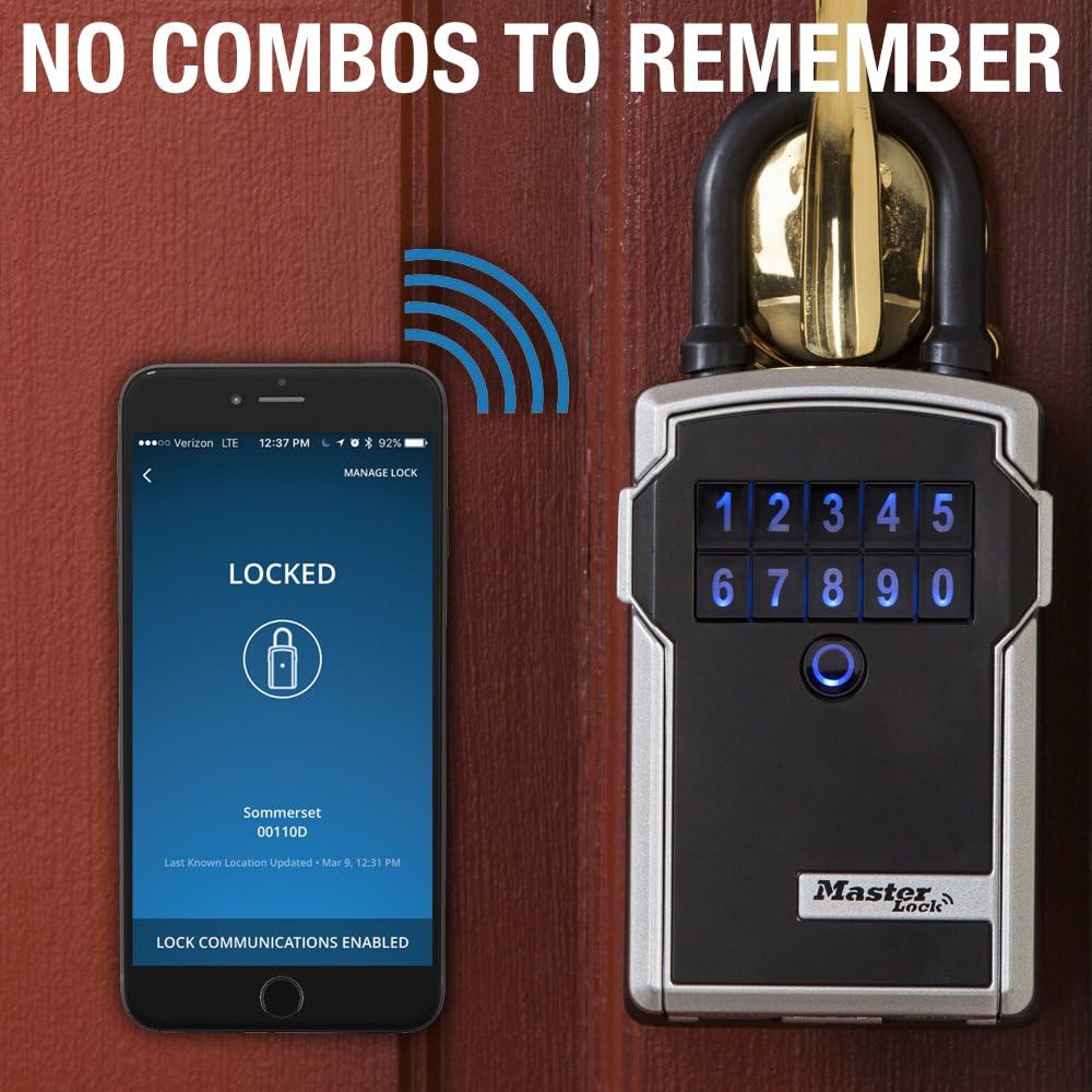 Master Lock Silver and Black Lock Box with Digital Keypad Code, Electronic Portable Key Safe Connects to Bluetooth Via iOS/Android App, 3-1/4 in. Wide, 5440EC