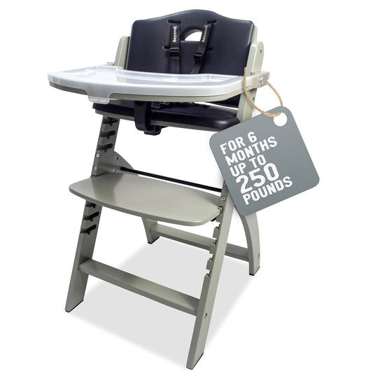 Abiie Beyond Junior Convertible Wooden High Chairs for Babies & Toddlers. 3-in-1 Adjustable High Chair with Removable Tray, Easy to Clean, Portable. 6 Mos.-250 Lb. Misty Grey Wood/Black Pearl Cushion
