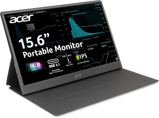 acer Portable Monitor PM161Q Abmiuuzx 15.6 Full HD 1920 x 1080 IPS Ultra Slim Design Premium Cover I External Monitor for Laptop PC Mac I 2 x USB 3.1 Type C Ports, 1 x Mini HDMI, 1 x Micro USB Basic