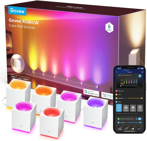 Govee Cube Wall Sconces, RGBIC LED Wall Light Works with Alexa, WiFi, Color Changing Indoor Light Fixture for Bedroom Dining Room, Music Sync, Adjustable Cables, 15ft
