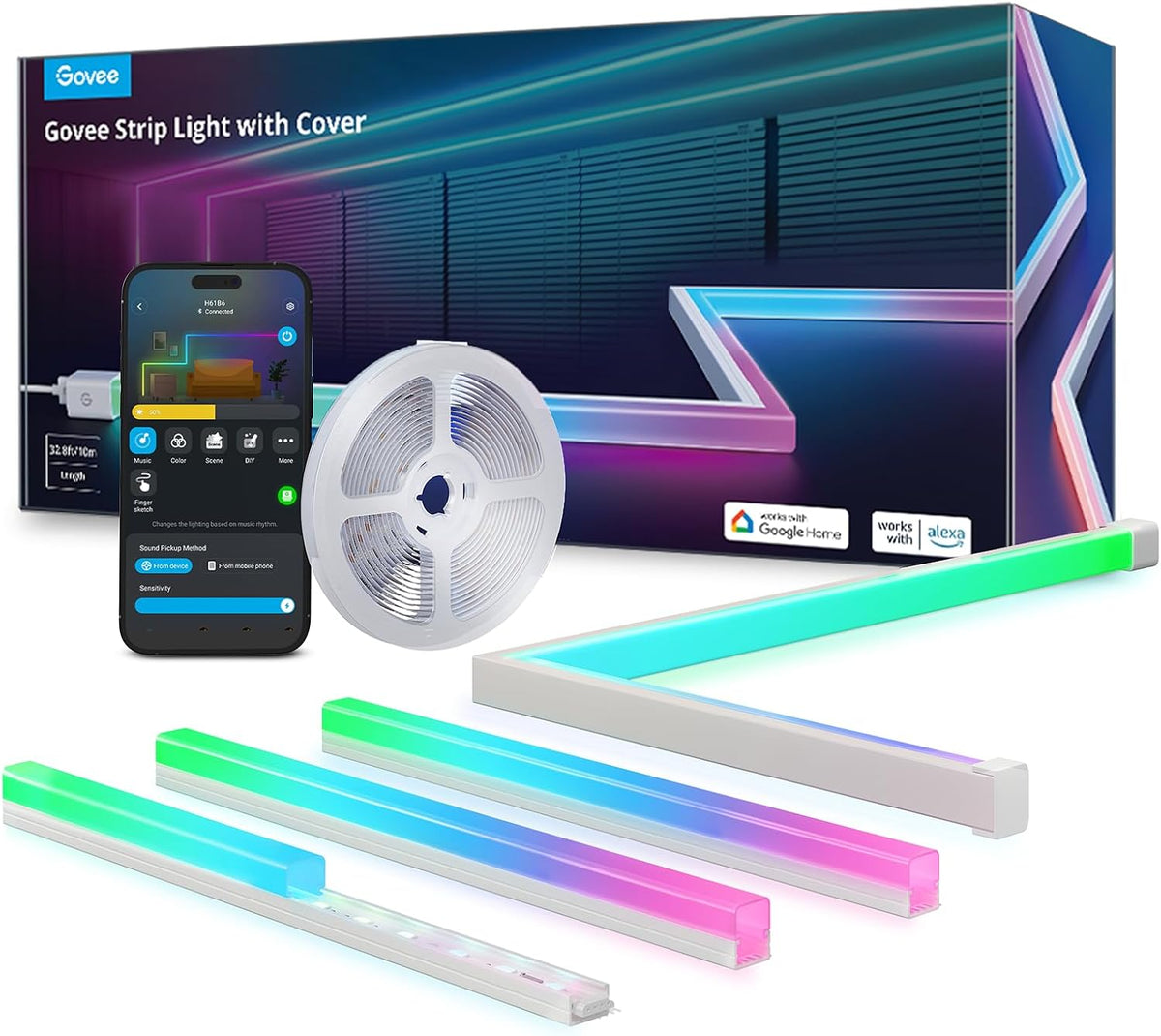Govee RGBIC LED Strip Lights with Covers, Smart Lights Work with Alexa and Google Assistant, LED Diffuser Channel with LED Lights for Bedroom - 32.8ft