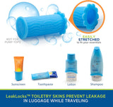 LeakLocks® Toiletry Skins™ Elastic Sleeve for Leak Proofing Travel Container in Luggage. For Standard and Travel Sized Toiletries