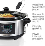 Hamilton Beach Portable 6 Quart Set & Forget Digital Programmable Slow Cooker Lock, Dishwasher Safe Crock & Lid, Temperature Probe, Stainless Steel