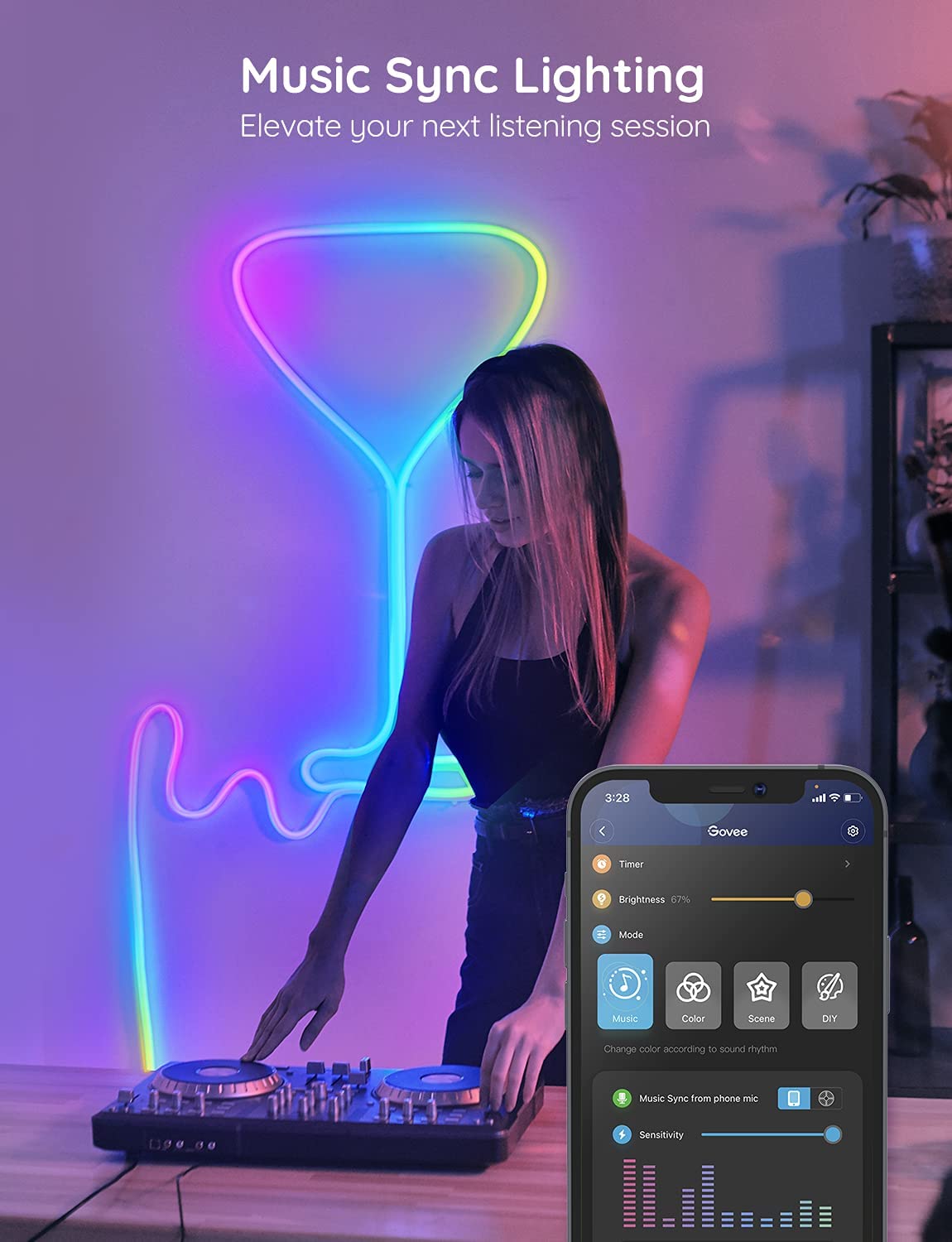 Govee Neon Rope Light, RGBIC Rope Lights with Music Sync, DIY Lighting Mode, Works with Alexa, Google Assistant, 10ft LED Strip Lights for Bedroom, Living Room, Gaming Decor