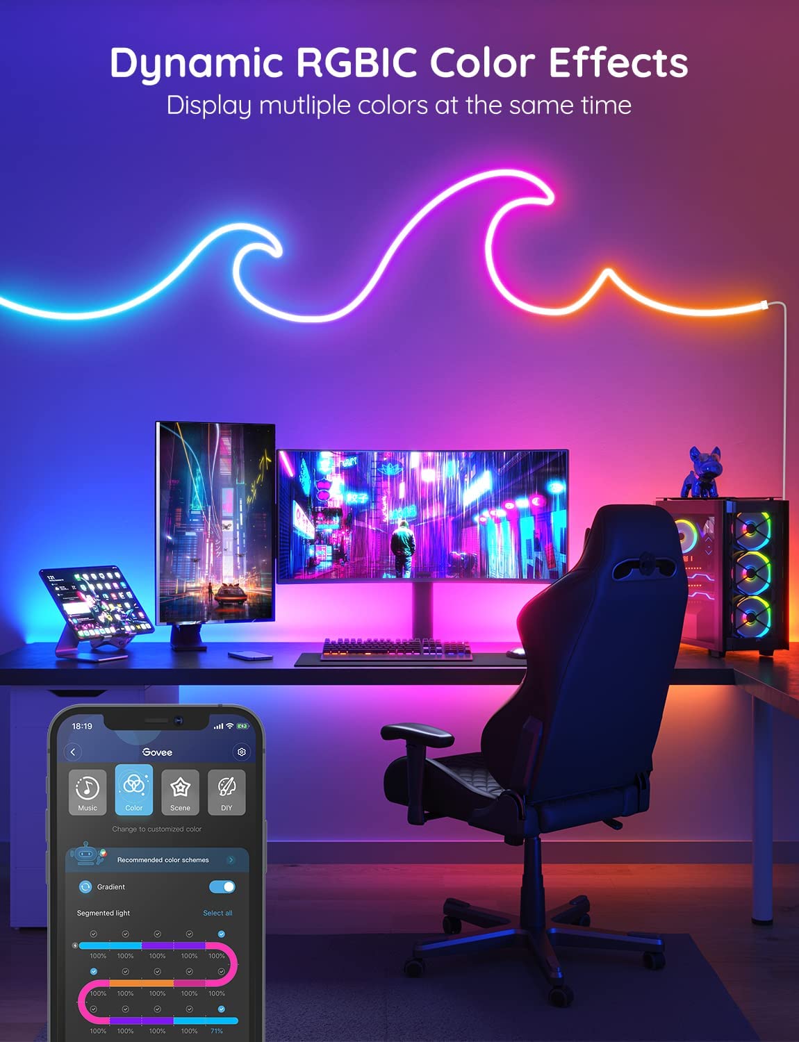 Govee Neon Rope Light, RGBIC Rope Lights with Music Sync, DIY Lighting Mode, Works with Alexa, Google Assistant, 10ft LED Strip Lights for Bedroom, Living Room, Gaming Decor